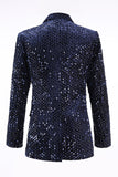 2 Piece Sequin Peak Lapel Double Breasted Navy Women's Prom Suit
