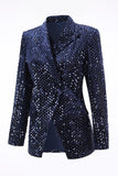 2 Piece Sequin Peak Lapel Double Breasted Navy Women's Prom Suit