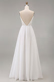 Lace A Line V Neck Long White Wedding Dress