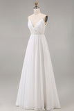 Lace A Line V Neck Long White Wedding Dress