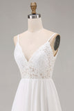Lace A Line V Neck Long White Wedding Dress