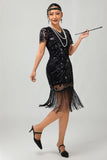 Black Gatsby Sequins 1920s Dress With Fringes