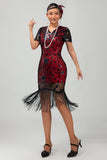 Black Red Fringed 1920s Sequin Flapper Dress