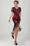 Black Red Fringed 1920s Sequin Flapper Dress