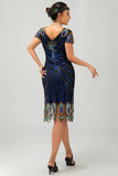 Black Golden Fringe Sequins 1920s Dress with 5-Piece Accessories Set
