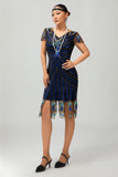 Black Golden Fringe Sequins 1920s Dress with 5-Piece Accessories Set