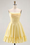 Yellow Strapless A-Line Corset Short Prom Dress with Beading