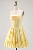 Yellow Strapless A-Line Corset Short Prom Dress with Beading
