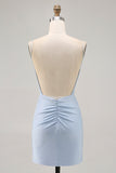 Blue Beaded Spaghetti Straps Bodycon Cocktail Dress
