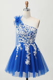 Royal Blue A-Line One Shoulder Tulle Cocktail Dress with Lace Up Back