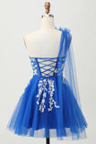 Royal Blue A-Line One Shoulder Tulle Cocktail Dress with Lace Up Back