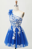 Royal Blue A-Line One Shoulder Tulle Cocktail Dress with Lace Up Back