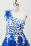 Royal Blue A-Line One Shoulder Tulle Cocktail Dress with Lace Up Back