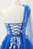 Royal Blue A-Line One Shoulder Tulle Cocktail Dress with Lace Up Back