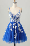 Royal Blue A-Line Spaghetti Straps Tulle Short Prom Dress with Lace Up Back