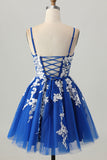 Royal Blue A-Line Spaghetti Straps Tulle Short Prom Dress with Lace Up Back