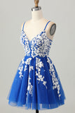 Royal Blue A-Line Spaghetti Straps Tulle Short Prom Dress with Lace Up Back