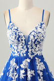 Royal Blue A-Line Spaghetti Straps Tulle Short Prom Dress with Lace Up Back