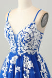 Royal Blue A-Line Spaghetti Straps Tulle Short Prom Dress with Lace Up Back