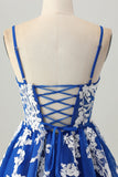 Royal Blue A-Line Spaghetti Straps Tulle Short Prom Dress with Lace Up Back