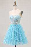 Blue A Line Appliques Butterfly Corset Cocktail Dress
