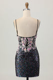 Sparkly Black Pink Flower Bodycon Corset Cocktail Dress with Sequins