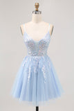 Sparkly Blue A-line Tulle Sequins Short Prom Dress with Lace Up Back