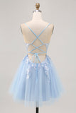 Sparkly Blue A-line Tulle Sequins Short Prom Dress with Lace Up Back