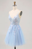 Sparkly Blue A-line Tulle Sequins Short Prom Dress with Lace Up Back