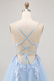 Sparkly Blue A-line Tulle Sequins Short Prom Dress with Lace Up Back