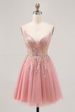 Sparkly Blush A-line Tulle Sequins Short Prom Dress with Lace Up Back