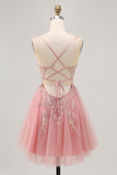 Sparkly Blush A-line Tulle Sequins Short Prom Dress with Lace Up Back