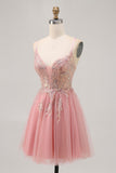 Sparkly Blush A-line Tulle Sequins Short Prom Dress with Lace Up Back