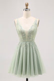 Green A-line Tulle Backless Beaded Short Prom Dress with Sequins