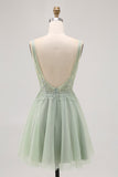 Green A-line Tulle Backless Beaded Short Prom Dress with Sequins