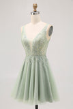 Green A-line Tulle Backless Beaded Short Prom Dress with Sequins