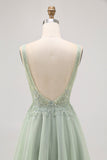 Green A-line Tulle Backless Beaded Short Prom Dress with Sequins