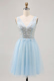Sparkly Blue A-line Tulle Short Prom Dress with Sequins