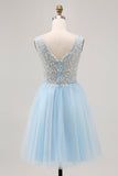 Sparkly Blue A-line Tulle Short Prom Dress with Sequins