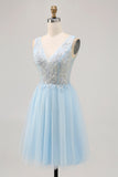Sparkly Blue A-line Tulle Short Prom Dress with Sequins