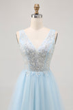 Sparkly Blue A-line Tulle Short Prom Dress with Sequins