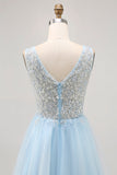 Sparkly Blue A-line Tulle Short Prom Dress with Sequins