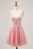 A-line Tulle Blush Sequins Backless Short Prom Dress with Beading