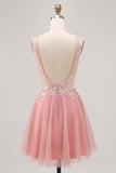 A-line Tulle Blush Sequins Backless Short Prom Dress with Beading