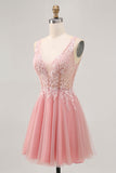 A-line Tulle Blush Sequins Backless Short Prom Dress with Beading