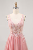 A-line Tulle Blush Sequins Backless Short Prom Dress with Beading