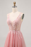 A-line Tulle Blush Sequins Backless Short Prom Dress with Beading