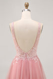 A-line Tulle Blush Sequins Backless Short Prom Dress with Beading