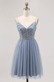 Grey Blue A-line Tulle Short Prom Dress with Beading