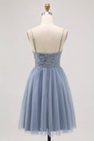 Grey Blue A-line Tulle Short Prom Dress with Beading